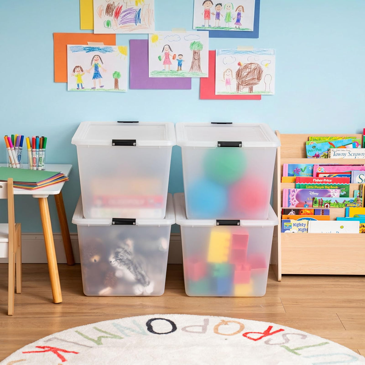 IRIS USA Paquete de 4 Cajas Clip de Alta Capacidad de 52 L con Tapa y Cierres, Contenedores de Almacenamiento para Hogar, Oficina y Aula, Transparente