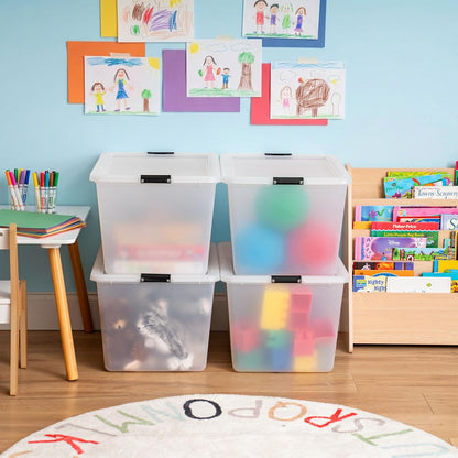 IRIS USA Paquete de 4 Cajas Clip de Alta Capacidad de 52 L con Tapa y Cierres, Contenedores de Almacenamiento para Hogar, Oficina y Aula, Transparente