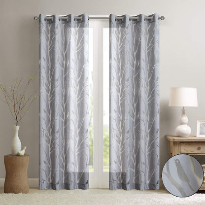Madison Park Cecily Cortina Semitransparente con Estampado Botánico - 127An x 213.4Al cm (1 Paneles) - Averil Bird Grey