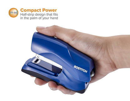 Bostitch - Grapadora de oficina resistente, capacidad de 40 hojas, sin atascos, media tira, cabe en la palma de tu mano, para aula, oficina o computadora, azul marino
