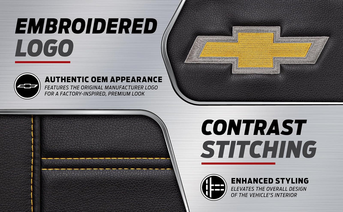 Plasticolor 008626R01 - Funda de Asiento de Lujo Compatible con el Logotipo Bordado de Chevrolet, Costuras de Alto Contraste, 3 Piezas, sin Laterales, Color Negro