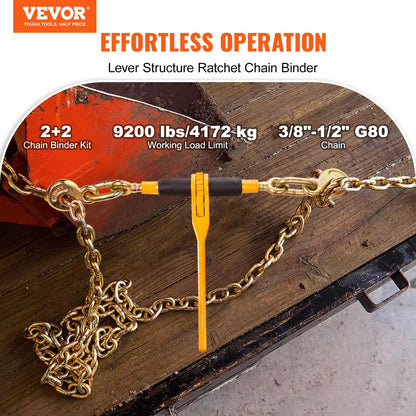 VEVOR - Kit de Cadena y Carpeta de 3/8"-1/2", Carpetas de Carga de carraca de 9000 Libras, límite de Carga de Trabajo, Cadenas G80 de 3/8" x 10' con Ganchos de Agarre, Carpetas de carraca y Cadenas