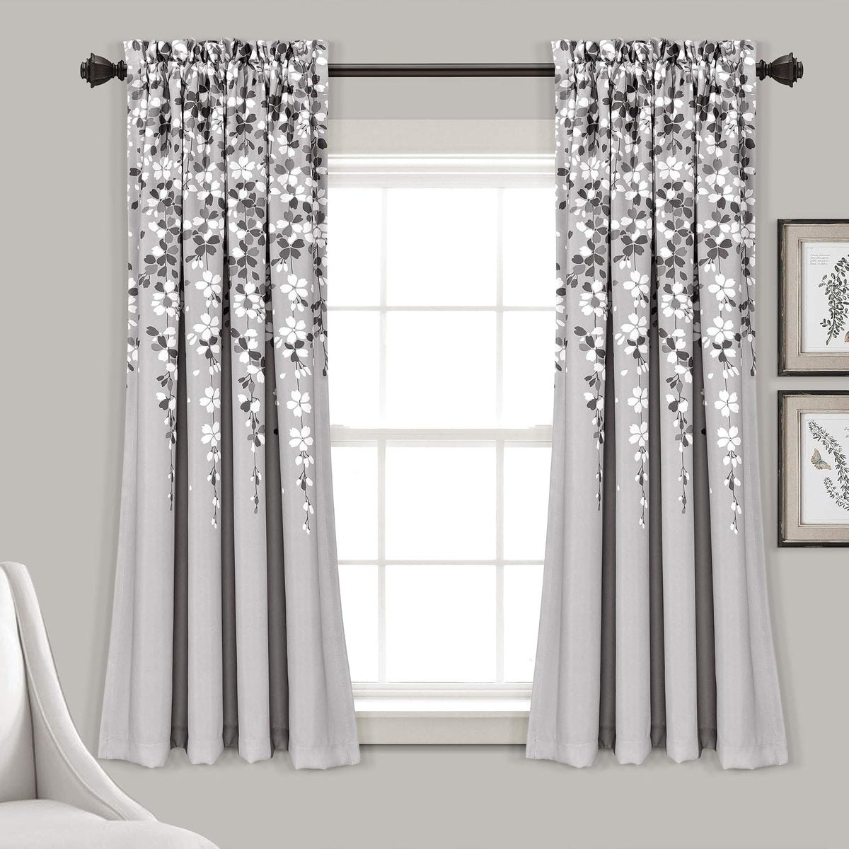 Lush Decor Cortinas Florales con Filtro de Luz, Azul Marino - 132.1An x 160Al cm (2 Paneles) - Gris