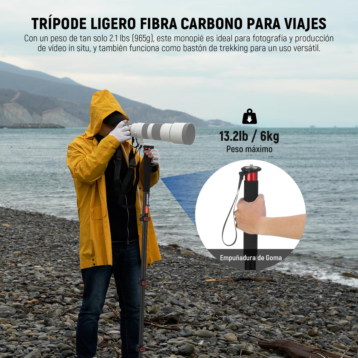 NEEWER 71,6" Monopié Cámara, Trípode Viaje Ligero Fibra Carbono con Base Desmontable para Grabación Video con Videocámara DSLR, Palo Selfie Telescópico y Trekking Bastón, Carga Máxima 6kg, TP71