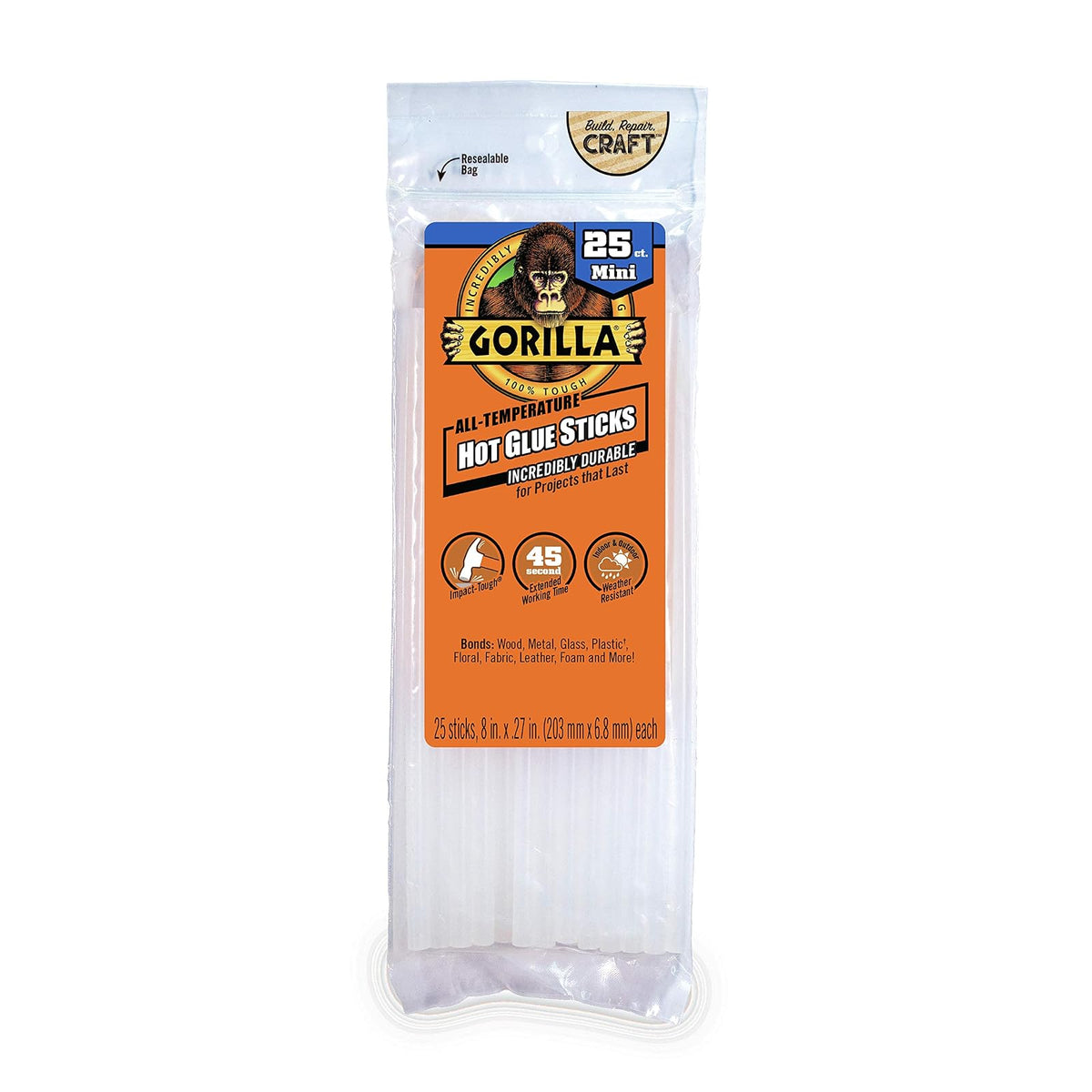 Gorilla Hot Glue Sticks, pegamento transparente, tamaño mini 8 pulgadas de largo x 0.25 pulgadas de diámetro, 25 unidades (paquete de 1) – Seguro para todas las temperaturas con tiempo de trabajo