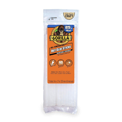 Gorilla Hot Glue Sticks, pegamento transparente, tamaño mini 8 pulgadas de largo x 0.25 pulgadas de diámetro, 25 unidades (paquete de 1) – Seguro para todas las temperaturas con tiempo de trabajo