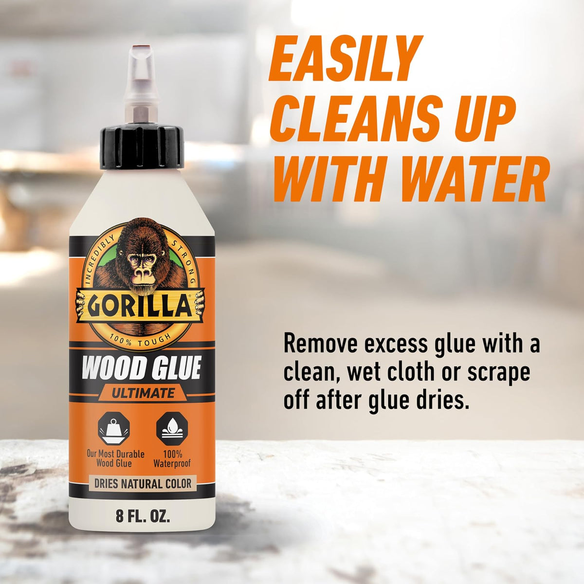 Gorilla Ultimate - Pegamento impermeable para madera, color de madera natural, 8 onzas (paquete de 1) - Impermeable para proyectos y reparaciones en interiores o exteriores