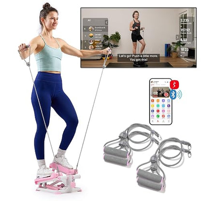 Sunny Health & Fitness Mini Stepper con Bandas para Casa | Cardio Completo c/ Resistencia Hidráulica, Medidor LCD, Sin Montaje, Bandas, Cap. 135 kg y SunnyFit App
