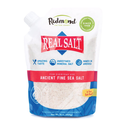 REDMOND REAL SALT, Sal Marina Fina Natural sin Refinar, 100% Pura, +60 Minerales Traza, Sin Aditivos, Bolsa Refill, 16 OZ