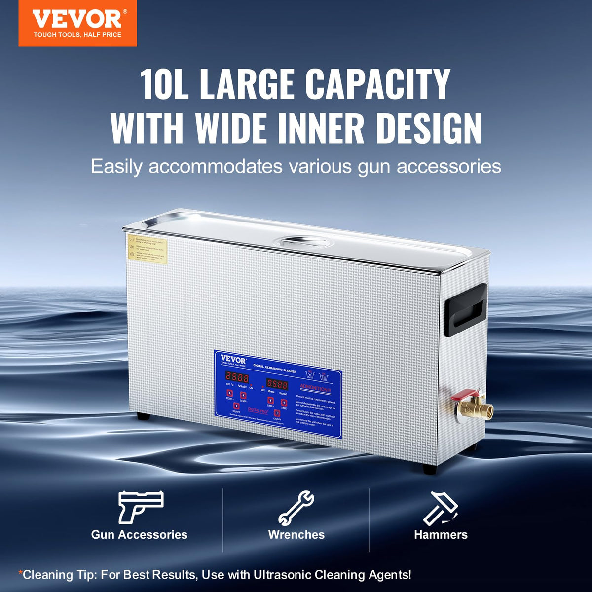 VEVOR Limpiador ultrasónico de armas de 10 l, máquina de limpieza ultrasónica profesional de 300 W con temporizador y calentador, limpiador ultrasónico digital de 40 kHz con cesta para piezas de armas
