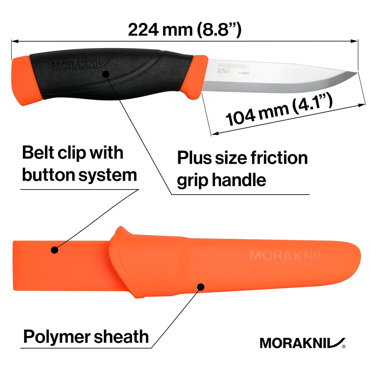 Morakniv Companion Cuchillo resistente con hoja de acero al carbono Sandvik, 0.125/4.1 pulgadas