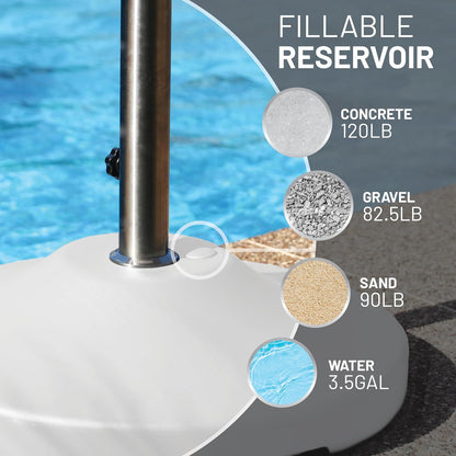 Peso de EE. UU. rellenable con capacidad de 120 libras, base de paraguas de pie comercial resistente, base de paraguas con ruedas, base de paraguas rellenable para patio al aire libre, fabricado en el