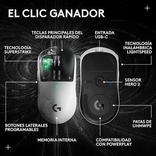 Logitech G Pro X2 SUPERSTRIKE Lightspeed - Mouse inalámbrico Gaming, Ultraligero 61 g, Sensor Hero 2 de 44,000 dpi, clics con retroalimentación háptica Hits, Carga USB-C, para PC y Mac, Color Blanco