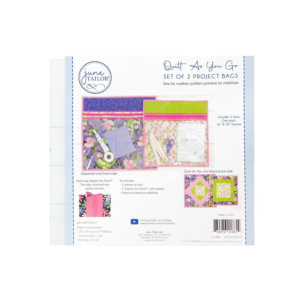 June Tailor Project Bag (2) - Kit de costura Zippity-Do-Do-Do-Do, cierre rosa, L