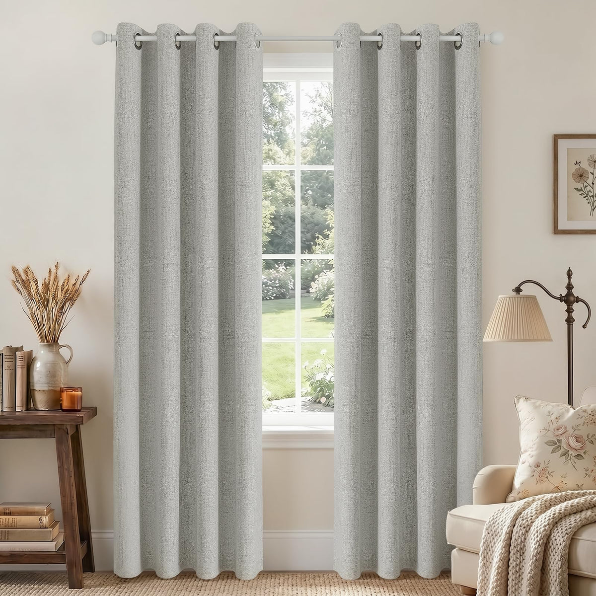 Joydeco Cortinas Opacas de Lino Sintético, 2 Paneles - Blanco Grisáceo - 107An x 183Al cm (1 Paneles)