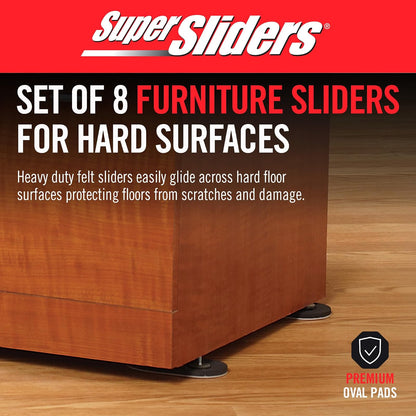 Super Sliders - Deslizadores ovalados de muebles reutilizables de 5 3/4 pulgadas x 9 1/2 pulgadas para superficies duras, movimiento sin esfuerzo y protección de superficie, café (paquete de 8)