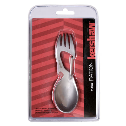 Kershaw Ration - Espátula Multiherramienta, Cuchara de Acero Inoxidable, Tenedor, mosquetón y abridor de Botellas, Longitud Regular y XL