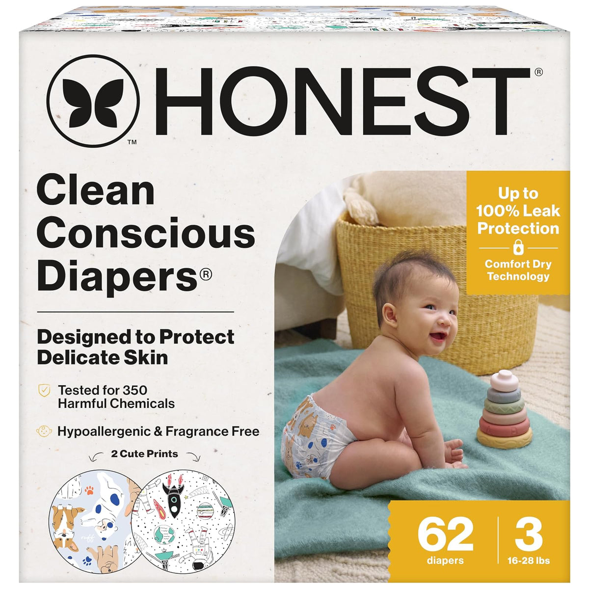 The Honest Company Pañales Clean Conscious, Hipoalergénicos, Sin Fragancia - Size 3 (62 Count) - Space Travel + It's A Pawty