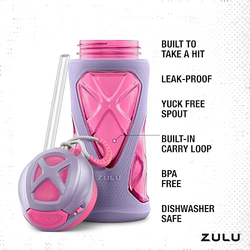 ZULU - Paquete de 2 botellas de agua de plástico para niños de 16 onzas con funda de silicona y tapa abatible a prueba de fugas, bucle de transporte suave al tacto para mochila escolar, lonchera sin
