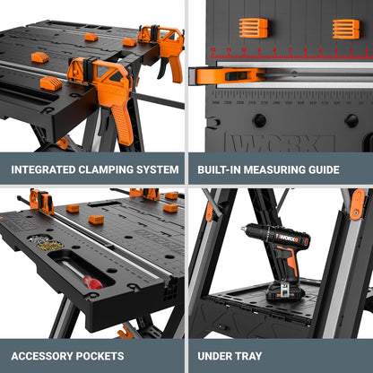 Worx WX051 Pegasus Mesa de trabajo multifunción y caballete con prensas y clavijas de sujeción