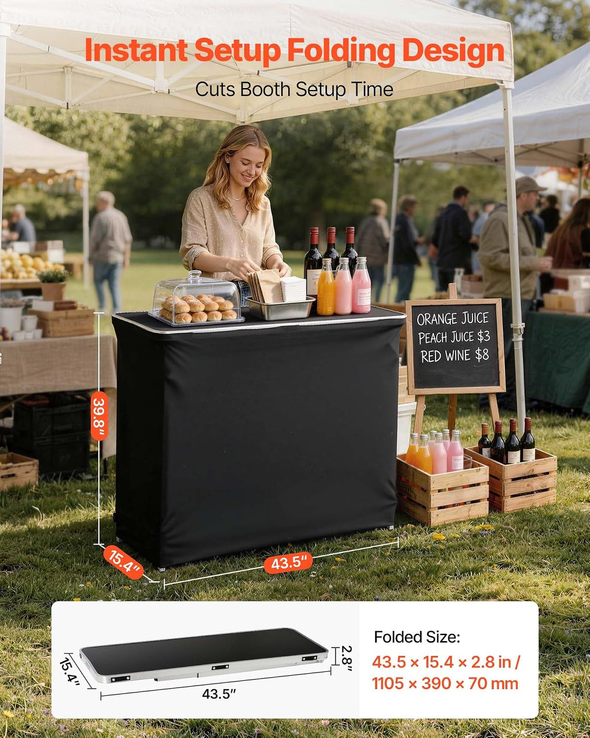 VEVOR Mesa de Bar Portátil 1105 x 390 x 1010 mm, Estación de Bar Plegable, Altura Ajustable, con Funda 2 Estantes de Almacenamiento Bolsa de Transporte, Barra de Bar Exterior para Eventos Feria Fiesta