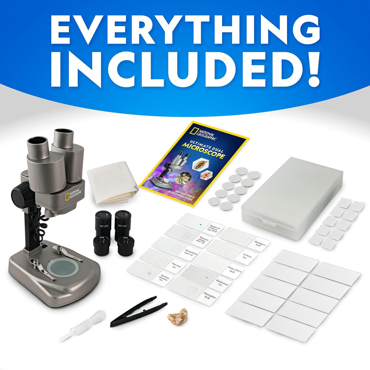 National Geographic - Microscopio dual con más de 50 accesorios | Iluminación LED dual, 10 diapositivas preparadas, 10 diapositivas en blanco, más de 50 piezas, experimentos de biología