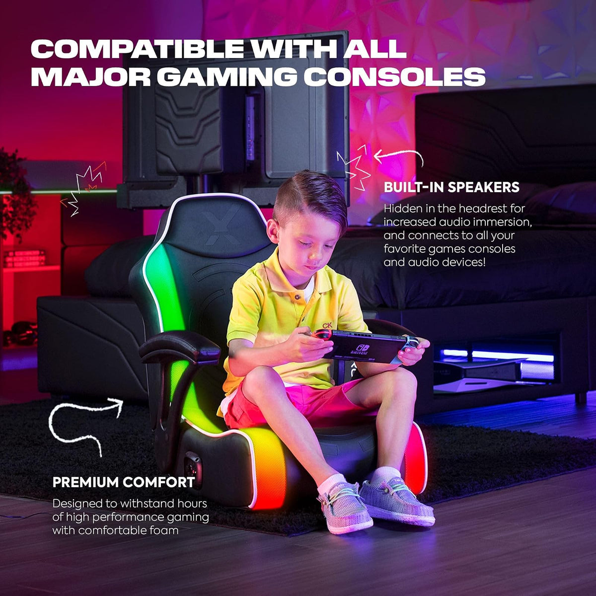X Rocker Emerald RGB LED Silla mecedora para videojuegos de piso con reposacabezas altavoces, reposabrazos, plegable, piel vegano, 200 libras, máximo, exclusivo de , negro
