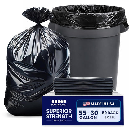 Plasticplace 55-60 gallon Trash Bags, 2.0 Mil, 38"W x 58"H, Black, 100/ Case