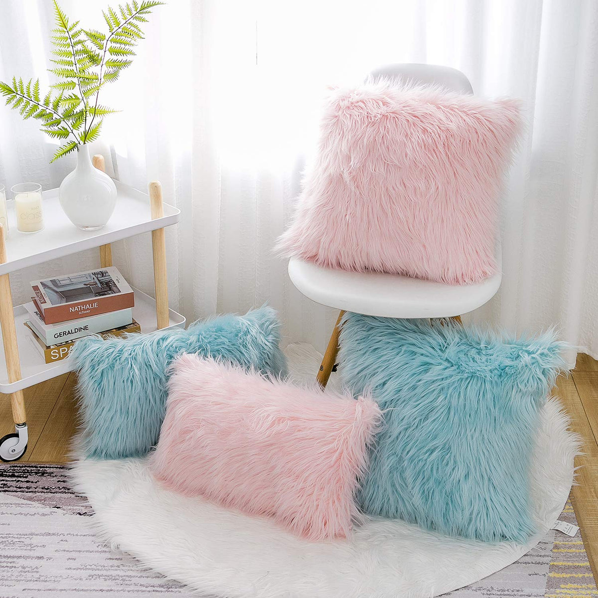 WLNUI Juego de 2 Fundas de Almohada esponjosas de Color Rosa, Serie de Lujo, Estilo Merino, Fundas de Almohada Decorativas de Piel sintética, Fundas de cojín cuadradas y peludas, 18 x 18 Pulgadas