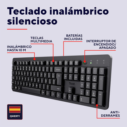 Trust ODY II Teclado Inalámbrico Silencioso QWERTY Español, Negro | Resistente a Derrames, Tamaño Completo, Receptor USB, Ideal para Oficina, Compatible con PC/Laptop/Windows/MacOS