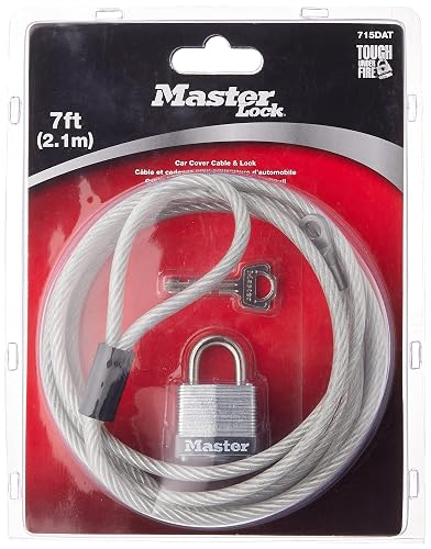 Master Lock 715DAT Cable de cubierta de automóvil de acero trenzado con candado de acero laminado, cable de 7 pies y bloqueo ancho de 1-1/8 pulgadas