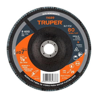 Truper DLT-1732, Disco laminado, 7", grano 80, centro 7/8"