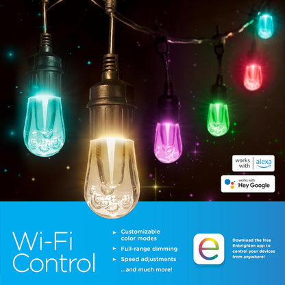 Enbrighten 57415 - Luces LED de café clásico inteligentes, Wi-Fi, 45 pies, multicolor/blanco, patio, terraza, porche, iluminación exterior, varias opciones de color, control inteligente, Bluetooth