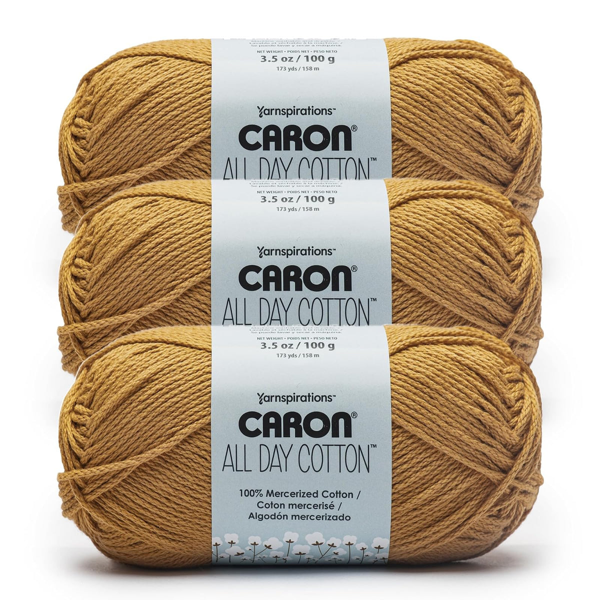 Caron All Day Cotton, Paquete de 3, 100% Algodón Mercerizado, Camisa Blanca - Dorado