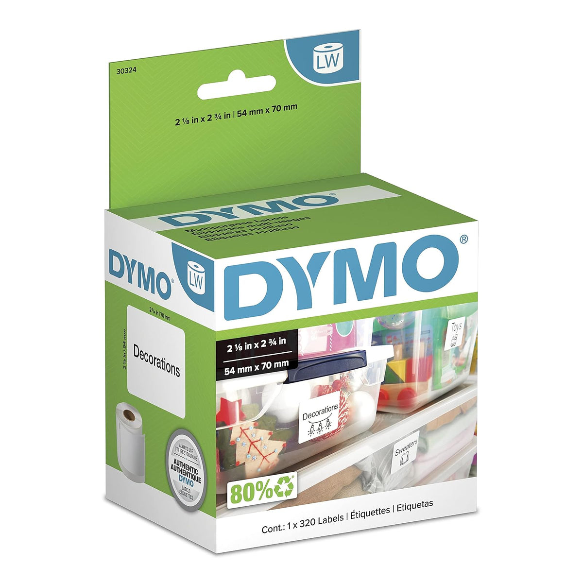 DYMO Authentic LW Large Multi-purpose Labels for LabelWriter Label Printers, White, 2-1/8'' x 2-3/4'', 1 roll of 320 (30324)
