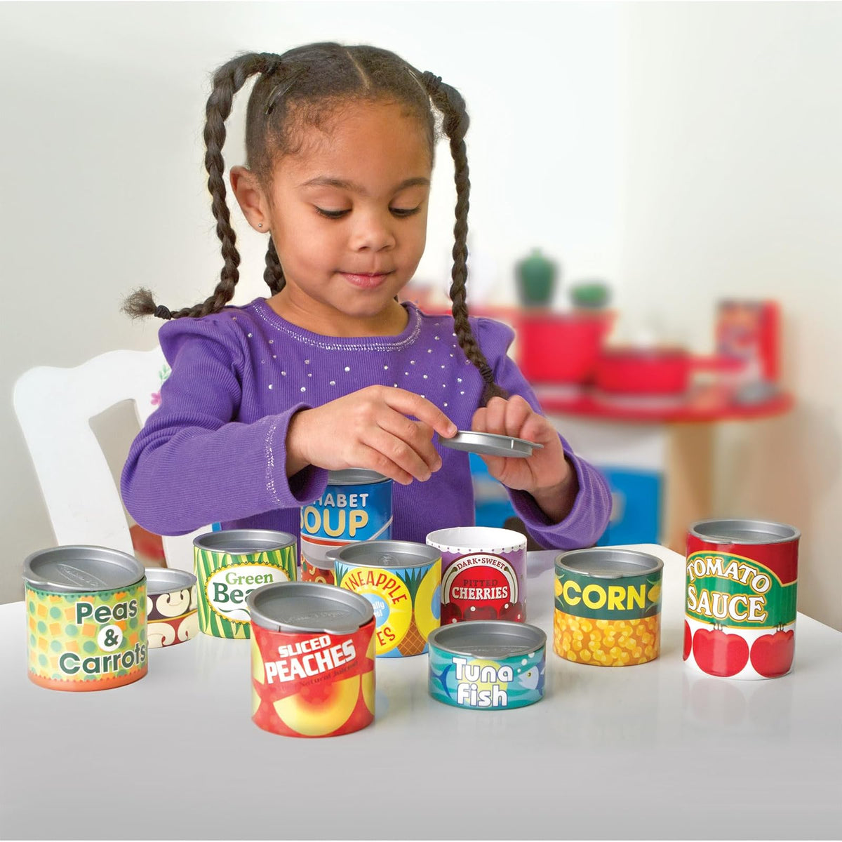 Melissa & Doug ¡Juguemos de Casita! Set de Alimentos Enlatados, Juego de Imitación, Tapas Abatibles, Construcción de Cartón Resistente (10 Latas)