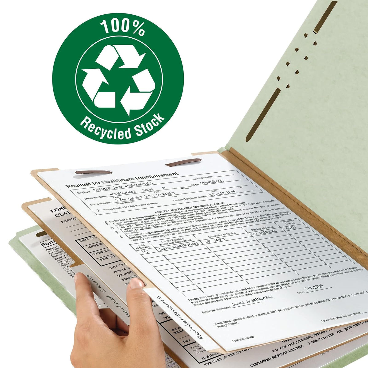 Smead Carpeta de archivos de clasificación 100% reciclada, 2 divisores, expansión de 2 pulgadas, tamaño legal, gris/verde, 10 por caja (19022)