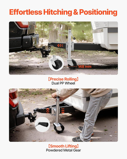 VEVOR Gato de Remolque con Rueda, Capacidad de Carga de 907 kg, con Rueda de PP y Mango Ergonómico, Rango de Elevación de 381-685 mm, Giratorio de 90°, para Autocaravanas, Barcos, Remolques