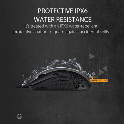 ASUS TUF Gaming M4 Air Lightweight Gaming Mouse | 16,000 dpi Sensor, Programmable Buttons, 47g Ultralight Air Shell, IPX6 Water Resistance, TUF Gaming Paracord and Low Friction PTFE Feet, Black