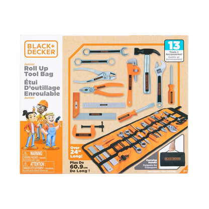 BLACK+DECKER - Juego de bolsas de herramientas para niños, 13 piezas, herramientas de juego de simulación, martillo, destornillador Phillips, alicates, llave ajustable y mucho más Para niños y niñas a