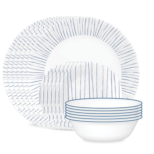 Corelle - Juego de vajilla de 18 piezas para 6, juego de platos y cuencos redondos ligeros, vidrio de triple capa, resistente a astillas, apto para microondas y lavaplatos, rayas náuticas