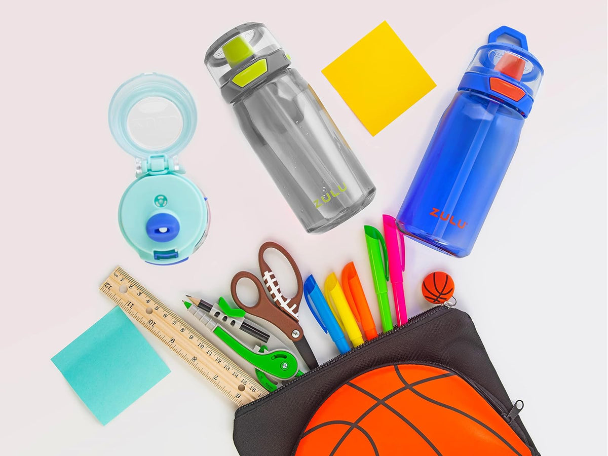 ZULU Kids Flex - Botella de agua de plástico Tritan de 16 onzas con boquilla de silicona, tapa abatible a prueba de fugas y bucle de transporte suave al tacto para mochila escolar, lonchera y deportes