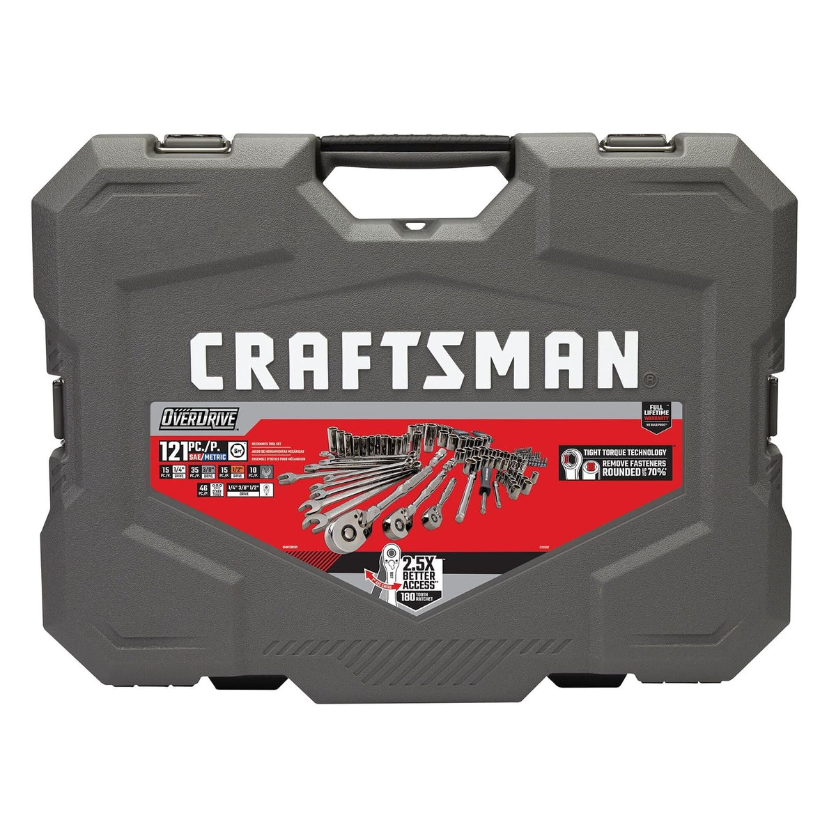 CRAFTSMAN OVERDRIVE Juego de herramientas mecánicas cromadas color pavonado de 121 piezas, estándar SAE/juego de dados métricos, con estuche rígido (CMMT99121L)