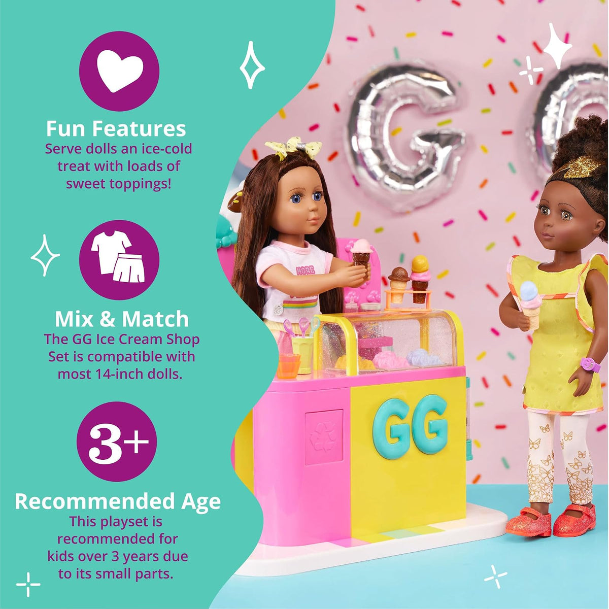 Glitter Girls Juego de heladería para muñecas con golosinas | Juego de heladería para muñecas de 36 cm con 79 piezas, tarros, conos, estantes y accesorios para servir, 3 años y +