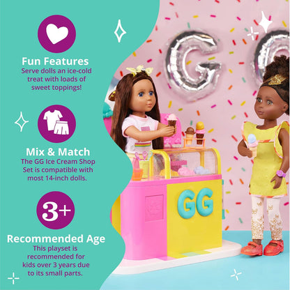 Glitter Girls Juego de heladería para muñecas con golosinas | Juego de heladería para muñecas de 36 cm con 79 piezas, tarros, conos, estantes y accesorios para servir, 3 años y +