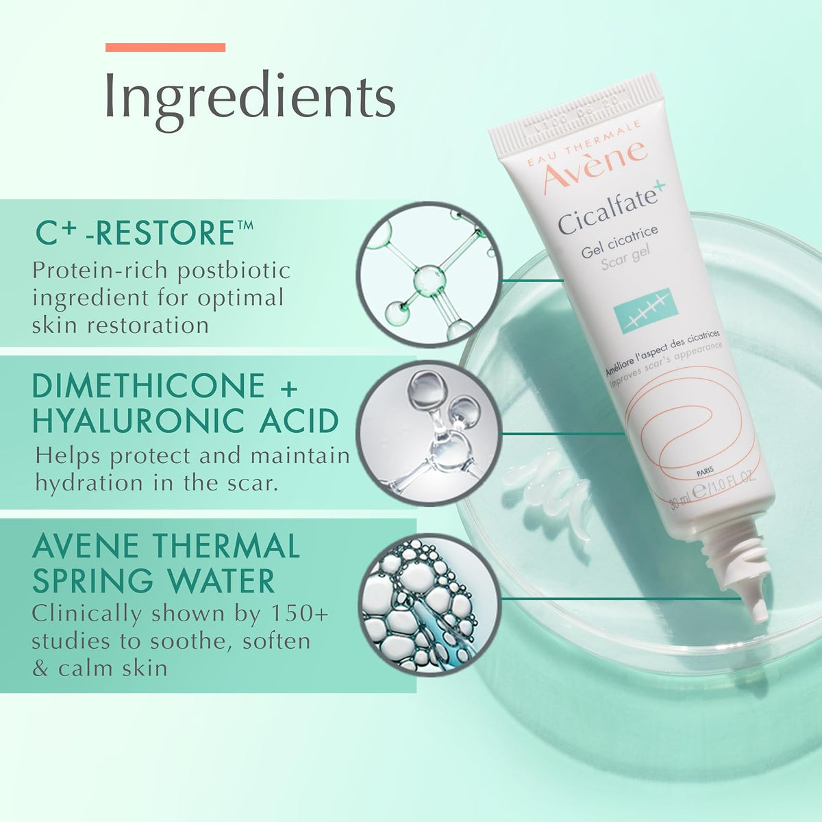 Eau Thermale Avene Cicalfate+ Scar Gel - Restorative Silicone Massage Gel for Superficial & Dermatological Scars - Postbiotic Skincare - Non-Comedogenic - 1 fl.oz.