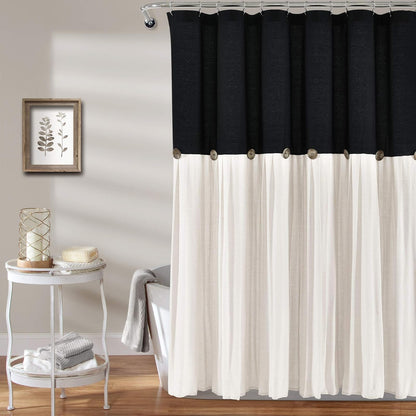 Lush Decor - Cortina de Ducha de Lino con Botones, 72 Pulgadas de Ancho x 72 Pulgadas de Largo, Negro y Blanco Roto – Tela de Cortina de Ducha Negra – Cortina de baño – Decoración de baño de Granja