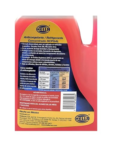 HELLA 358274061 HCPGAL Anticongelante Automotriz Long Life Rosa 3.78L Premezclado 33% Protección Anticorrosiva 5 Años o 240000km