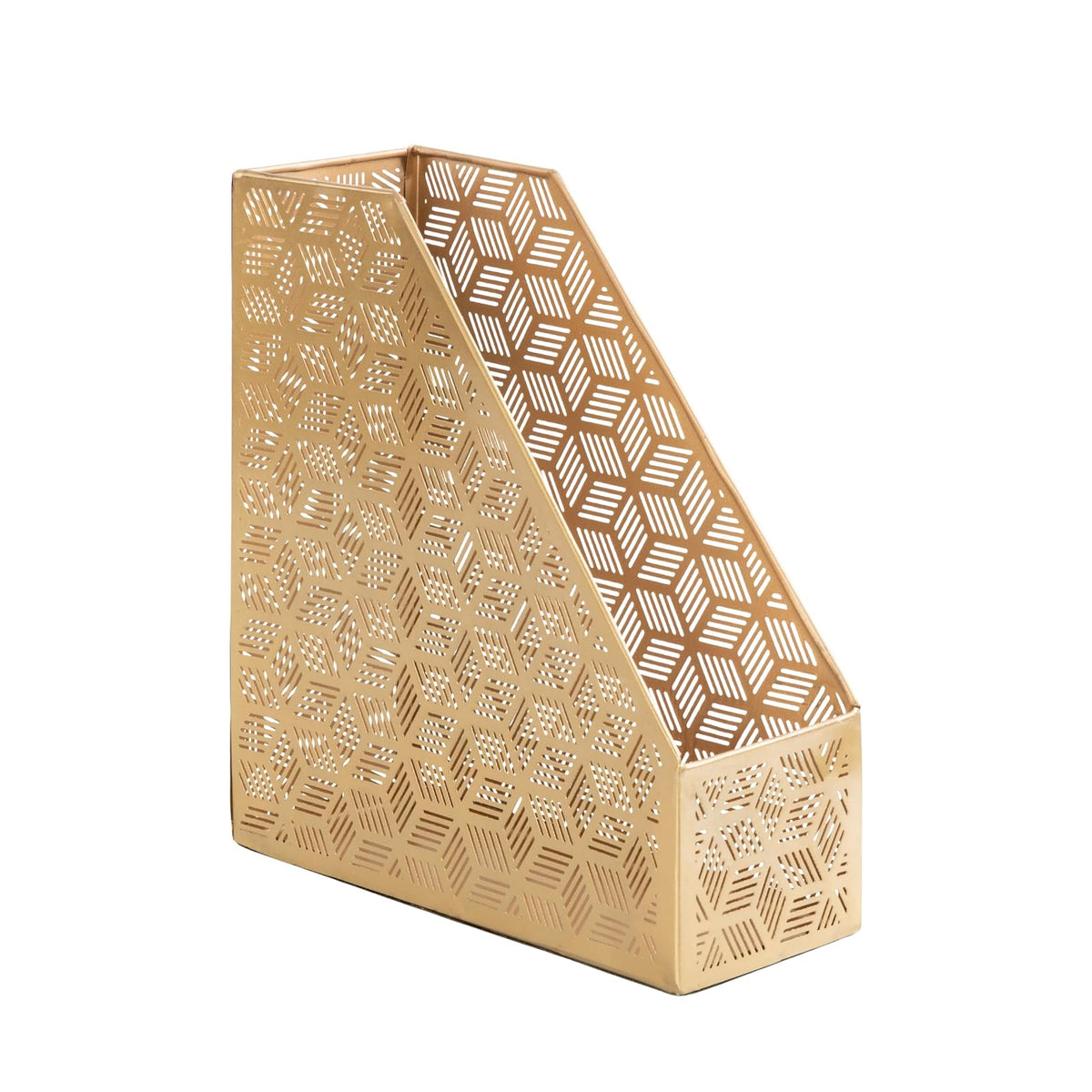 Deco 79 - Soporte para revistero geométrico de Metal con Ranura única con diseño Tallado láser, 5 x 10 x 12 Pulgadas, Dorado