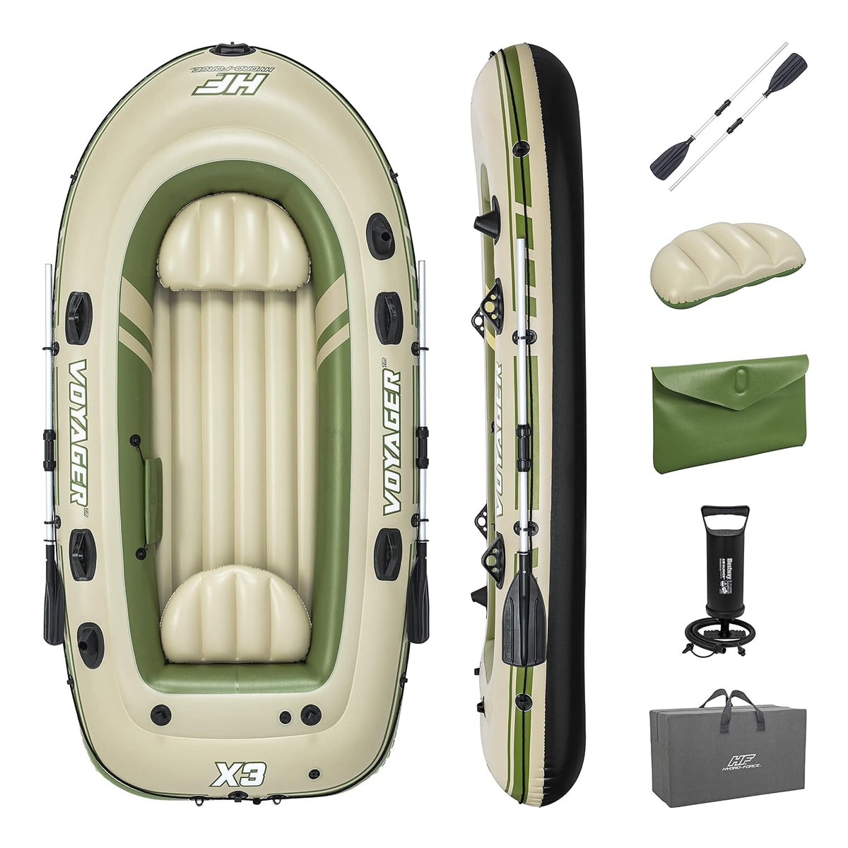 Hydro-Force 9'8" x 54" Voyager X3 Inflatable Raft Set | Fits Up to 3 Adults | Includes Boat, Aluminum Oars, Hand Pump, Gear Pouch, Carry Bag, Repair Patch Kit - Voyager 3-Personas